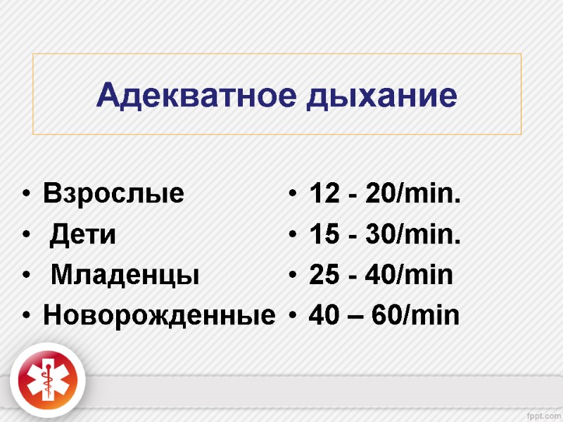 Адекватное дыхание  Взрослые  Дети   Младенцы Новорожденные   12 -